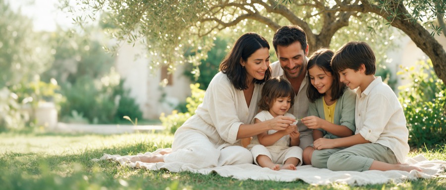 Zeytin ağacının gölgesinde, çimlerin üzerindeki örtüde birlikte oturan bir aile.